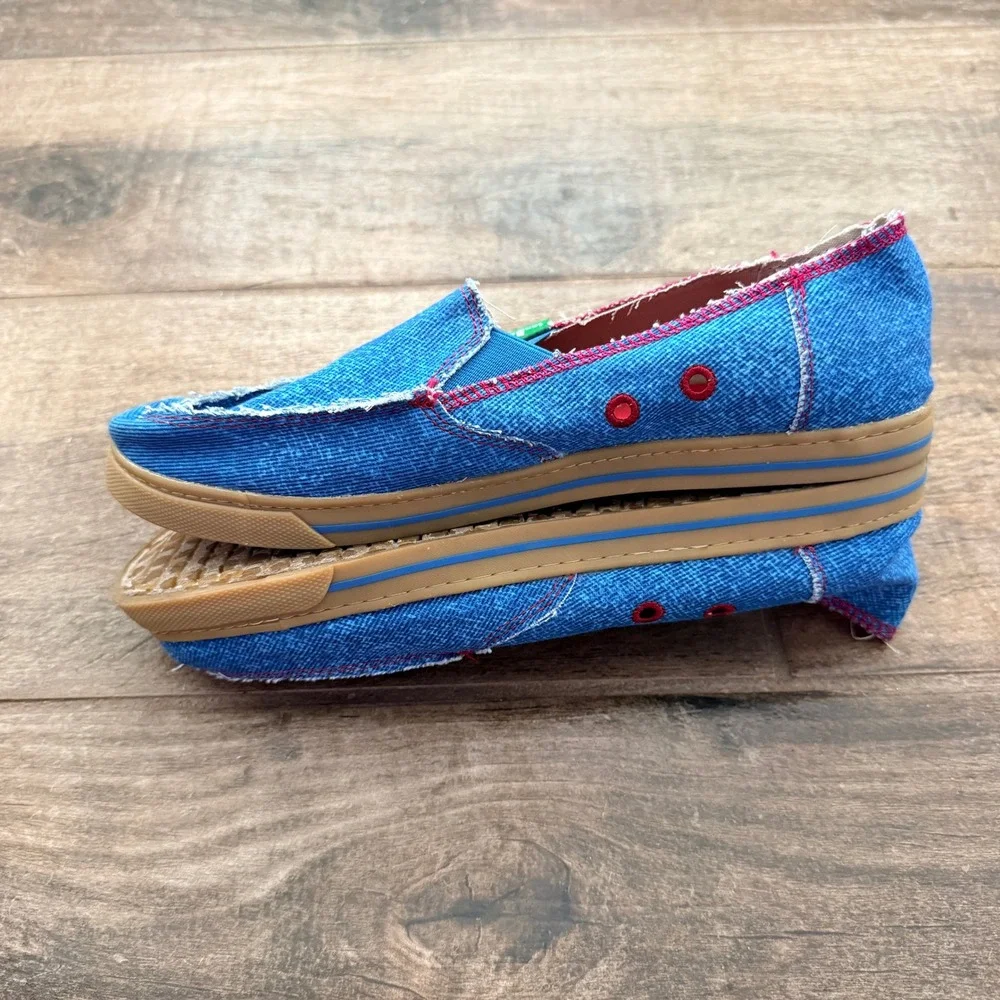 Sanuk Women's Cabrio Breeze Hemp Frayed Slip-On Loafers, Blue Red ,9